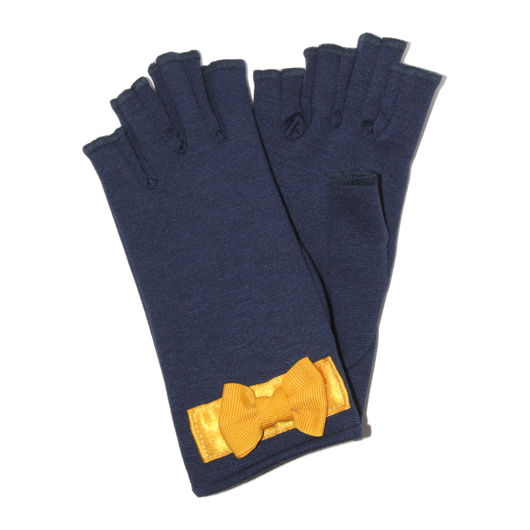 Blue fingerless gloves with golden satin bow