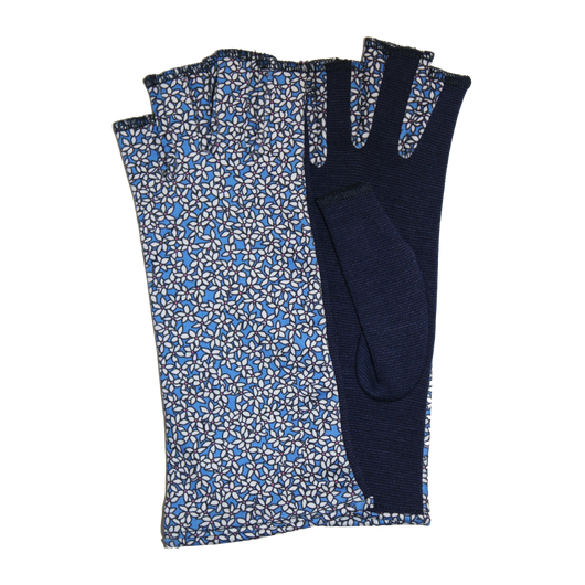 Blue fingerless gloves with jasmine pattern